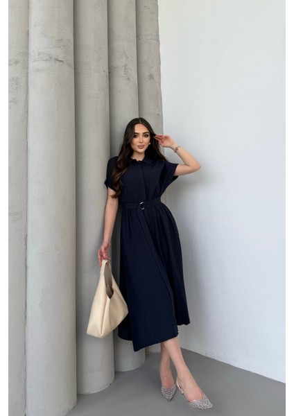 Lacivert Gömlek Yaka Kemerli Keten Kısa Kollu Midi Elbise modelleri