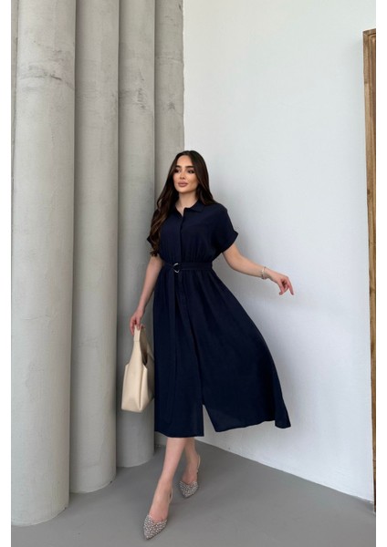 Lacivert Gömlek Yaka Kemerli Keten Kısa Kollu Midi Elbise fırsatları