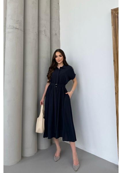 Lacivert Gömlek Yaka Kemerli Keten Kısa Kollu Midi Elbise indirimleri