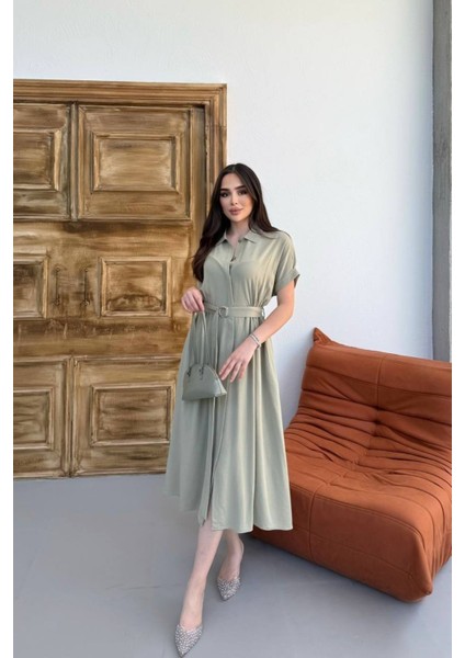 Haki Gömlek Yaka Kemerli Keten Kısa Kollu Midi Elbise