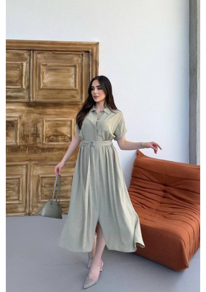 Haki Gömlek Yaka Kemerli Keten Kısa Kollu Midi Elbise