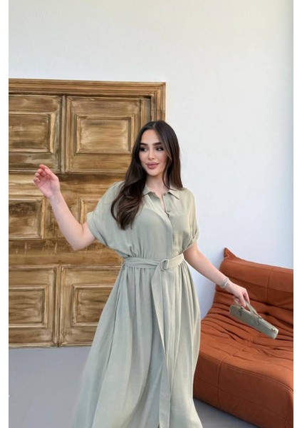 Haki Gömlek Yaka Kemerli Keten Kısa Kollu Midi Elbise