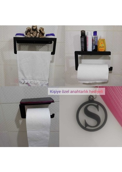 Mat Siyah Çoklu Set: Tuvalet Kağıtlığı, Rulo Peçetelik, Havluluk, Şık ve İşlevsel