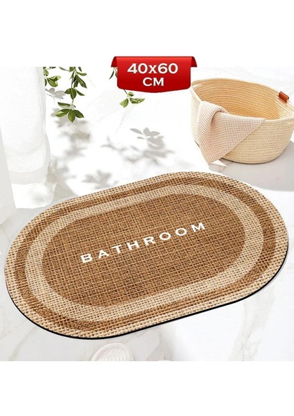 Su emici oval banyo paspası, kaymaz, jüt görünüm, 40x60cm, mikrofiber materyal