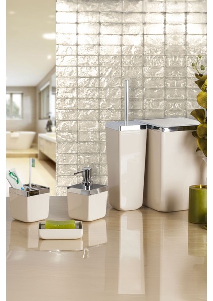 Şık Bej Toskana Banyo Seti, 5 Parça, Plastik, Beyaz, Zarif ve Fonksiyonel Tasarım