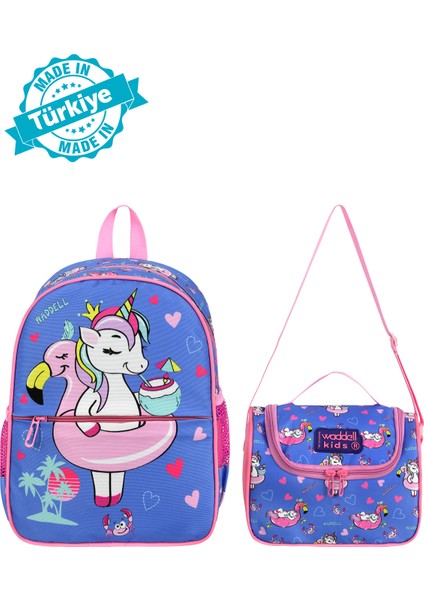 Waddell Mavi Unicorn Lisanslı Kombin Anaokul Sırt Çantası ve Termal Beslenme Çantası