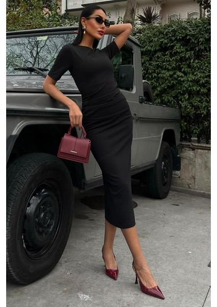 Beli Büzgülü Midi Elbise 2853