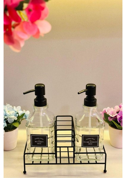Şık Cam İkili Sıvı Sabun ve Deterjanlık Seti, Metal Stand, 450 ml, Siyah modelleri