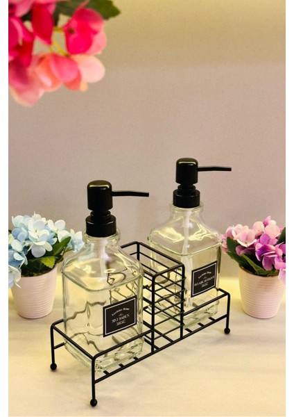 Şık Cam İkili Sıvı Sabun ve Deterjanlık Seti, Metal Stand, 450 ml, Siyah fırsatları