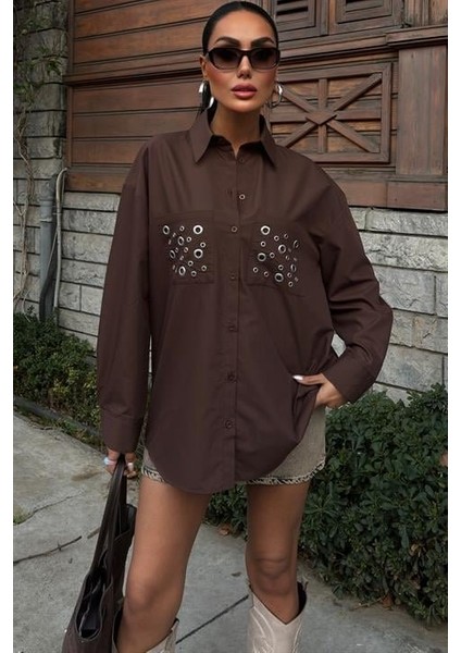 Metal Kuşgözü Detaylı Poplin Gömlek 3453