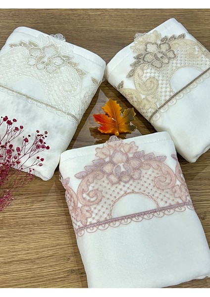 3'lü Kadife Yüz Havlusu Seti 50x90 cm Güpürlü Kutulu, Çeyizlik, Hediye modelleri