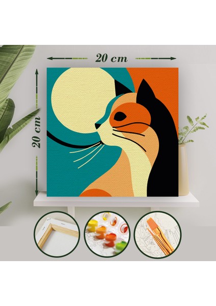 Sayılarla Boyama 20X20 Tuval Seti Fırça Boya Dahil Çıtaya Gerili - Renkli Kedi