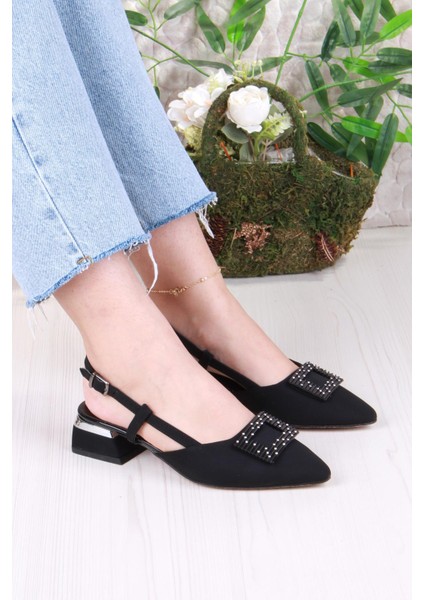 077-2058 Fls Saten Toka Detaylı Alçak Topuk Arkası Açık Önü Kapalı Kadın Ayakkabı