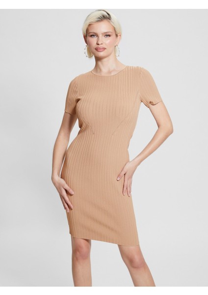 Bodycon Kadın Triko Elbise-Camel