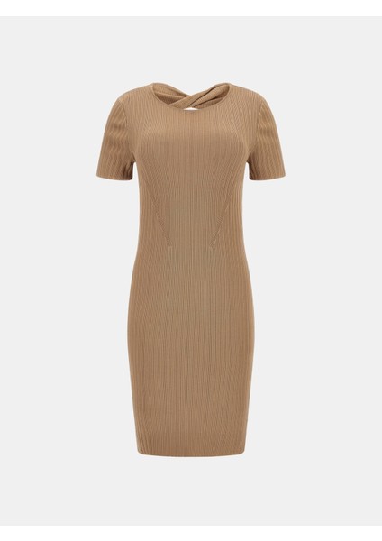 Bodycon Kadın Triko Elbise-Camel