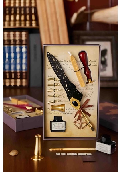 Lüks Divit Hokka Seti Antika Tasarım Kalem Seti Dolma Kalem Mürekkep Balmumu Damga Takımı Hediyelik Özel Kutulu Vintage Yazı Takımı