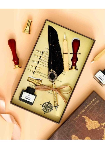 Lüks Divit Hokka Seti Antika Tasarım Kalem Seti Dolma Kalem Mürekkep Balmumu Damga Takımı Hediyelik Özel Kutulu Vintage Yazı Takımı fırsatları