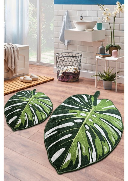 Yeşil 2'li Banyo Halısı Seti, kaymaz taban, şık ve rahat banyo dekoru