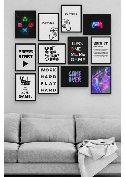 Siyah Çerçeve Görünümlü 12 Parça Gamer Duvar Dekoru Salon Oturma Yatak Çocuk Oyun Odası Için 20X15CM Tablo Seti