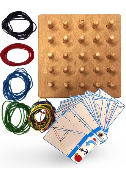 Ahşap Geoboard Öğrenme Seti, 15x15 cm, bej renk, 1+ parça, eğitici ve eğlenceli