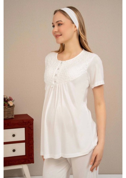 Dantel Sabahlıklı Lohusa Pijama Takımı