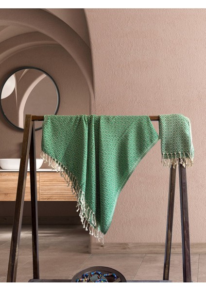 Yeşil %100 Pamuk Diamond Püsküllü Banyo ve Plaj Large Havlusu 100x180 cm