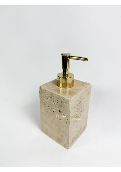 Doğal traverten kare sıvı sabunluk, gold bej şık ve şeffaf tasarım, mermer materyal