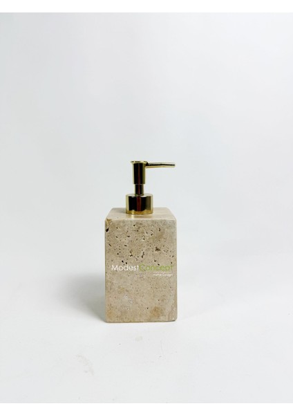 Doğal traverten kare sıvı sabunluk, gold bej şık ve şeffaf tasarım, mermer materyal