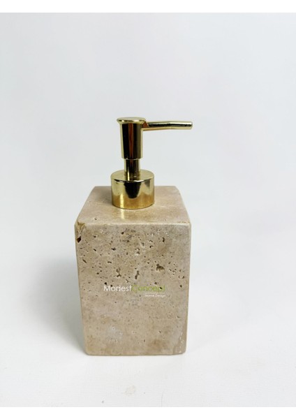 Doğal traverten kare sıvı sabunluk, gold bej şık ve şeffaf tasarım, mermer materyal