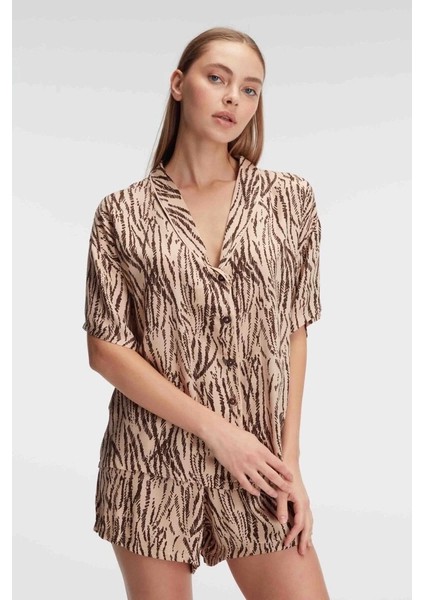Kadın Kısa Kol Viskon Kumaş Desenli Pijama Takımı