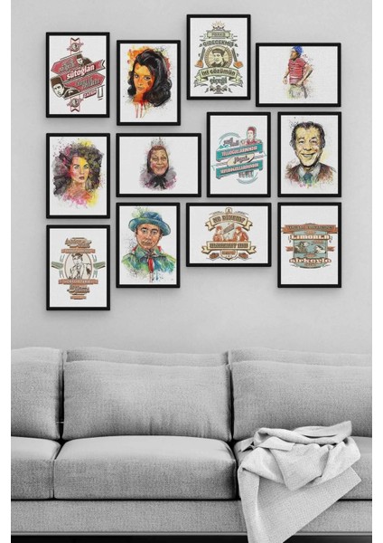 Siyah Çerçeve Görünümlü 12 Parça Yeşilçam Duvar Dekoru Salon Oturma Yatak Odası Cafe Ofis Için 20X15 cm Tablo Seti