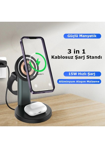 S36-A 3in1 Kablosuz Şarj Masaüstü Set - Siyah Inslm