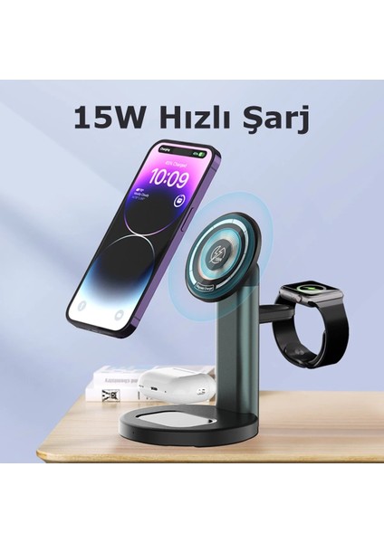 S36-A 3in1 Kablosuz Şarj Masaüstü Set - Siyah Inslm