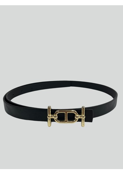 Altın Tokalı Ince Kadın Deri Kemer