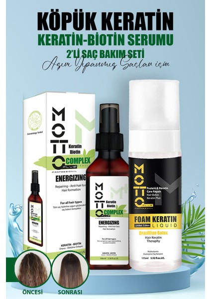 Saç Pürüzsüzleştirici ve Düzleştirici 2'li Saç Bakım Seti (Köpük Keratin - Keratin & Biotin Serum)