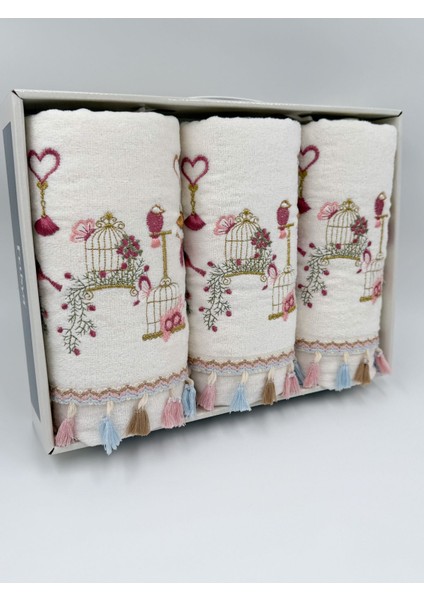 3'lü Kuş Nakışlı Kadife Yüz ve El Havlusu, 50x90, Püsküllü, Kutulu, Çeyizlik