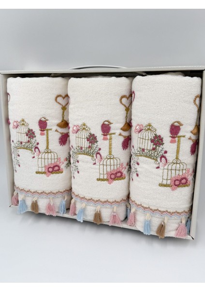 3'lü Kuş Nakışlı Kadife Yüz ve El Havlusu, 50x90, Püsküllü, Kutulu, Çeyizlik fiyatları