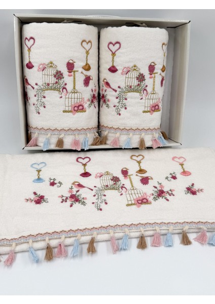 3'lü Kuş Nakışlı Kadife Yüz ve El Havlusu, 50x90, Püsküllü, Kutulu, Çeyizlik modelleri