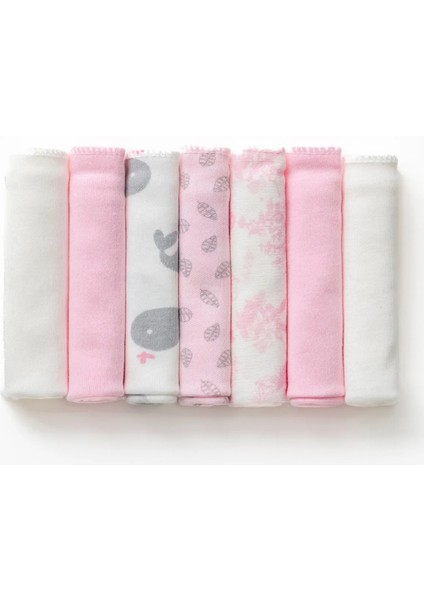 Organik Ağız Mendili 7'li–unisex Bebek Mendil-Pembe Yaprak Desen –Pamuk – Kraft Kutulu