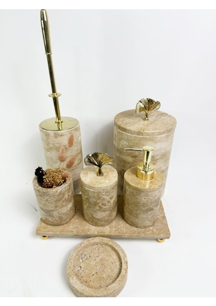 Bej Traverten Banyo Takımı, 7 Parça, Gold Gingko Aksesuar, şıklık ve zarafet sağlar