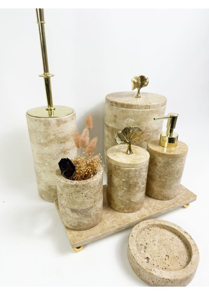 Bej Traverten Banyo Takımı, 7 Parça, Gold Gingko Aksesuar, şıklık ve zarafet sağlar fiyatları