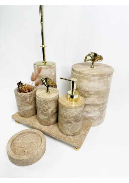 Bej Traverten Banyo Takımı, 7 Parça, Gold Gingko Aksesuar, şıklık ve zarafet sağlar modelleri