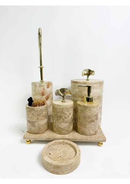 Bej Traverten Banyo Takımı, 7 Parça, Gold Gingko Aksesuar, şıklık ve zarafet sağlar fırsatları