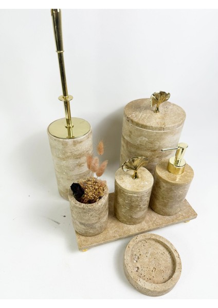 Bej Traverten Banyo Takımı, 7 Parça, Gold Gingko Aksesuar, şıklık ve zarafet sağlar indirimleri