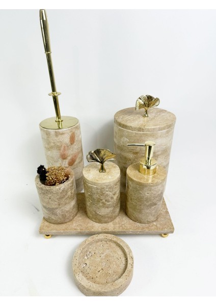 Bej Traverten Banyo Takımı, 7 Parça, Gold Gingko Aksesuar, şıklık ve zarafet sağlar