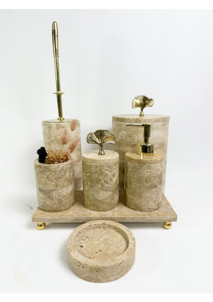 Bej Traverten Banyo Takımı, 7 Parça, Gold Gingko Aksesuar, şıklık ve zarafet sağlar