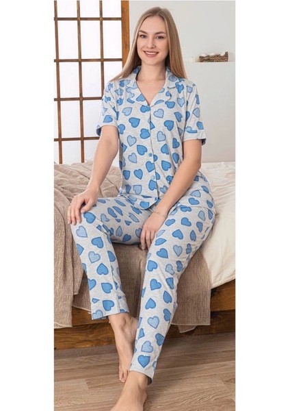 Kadın Mavi Kalp Desenli Patlı Pijama Takımı