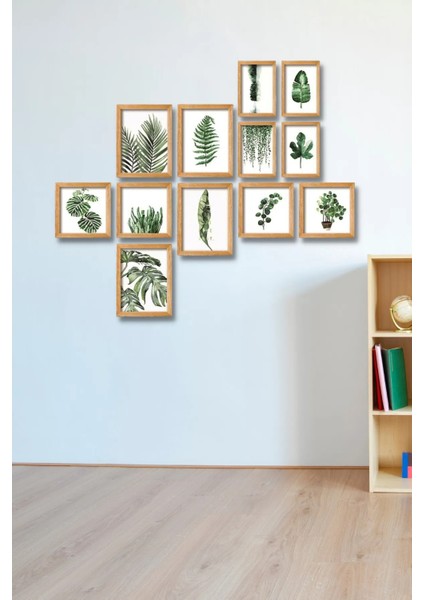 12 Parça Ahşap Tablo Seti - Yeşil Yapraklar Salon Oturma Yatak Odası Için Mdf Duvar Dekoru 90X75 cm