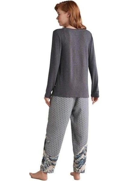 Kadın Patlı V Yaka Uzun Kollu Pijama Takımı modelleri