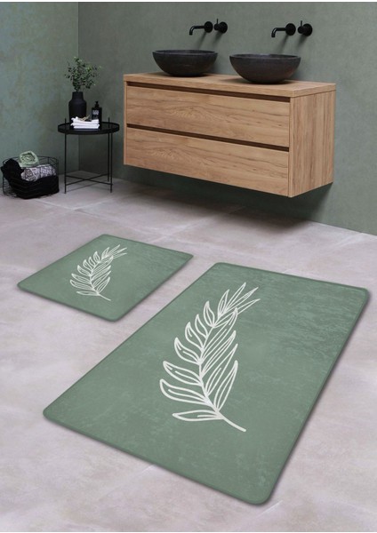 Yıkanabilir, kaymaz, çiftli banyo paspası, mint yaprak desenli, 60x100 ve 50x60 cm